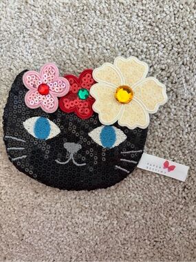 Black Sequin Cat Coin Purse with Floral Appliqués